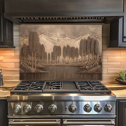 Copper Look Nature Landscape Glass Backsplash • Rustic Wall Art Panel • Mountain River Home Decor • Earthy Decorative Piece