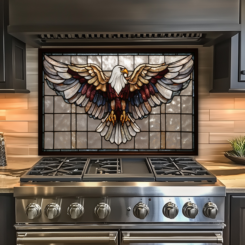 Stained Glass Style Eagle Glass Backsplash Panel, UV Printed Tempered Kitchen Wall Art, Nature Inspired Theme Decorative Glass Tile