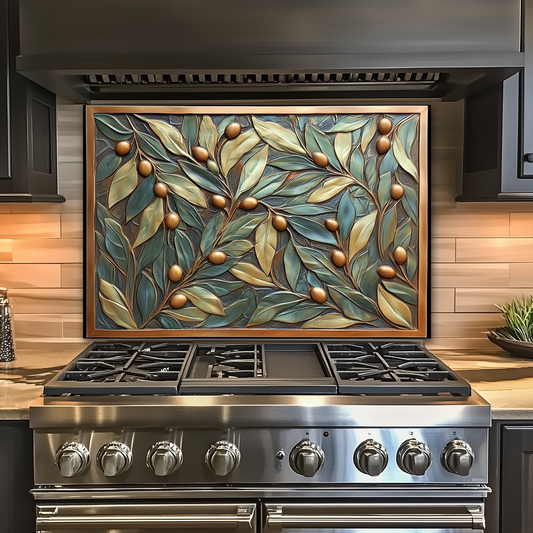 Copper Look Olive Branches One Piece Tempered Glass Kitchen Splashback For Stove Behind, Kitchen Backsplash, Wall Art