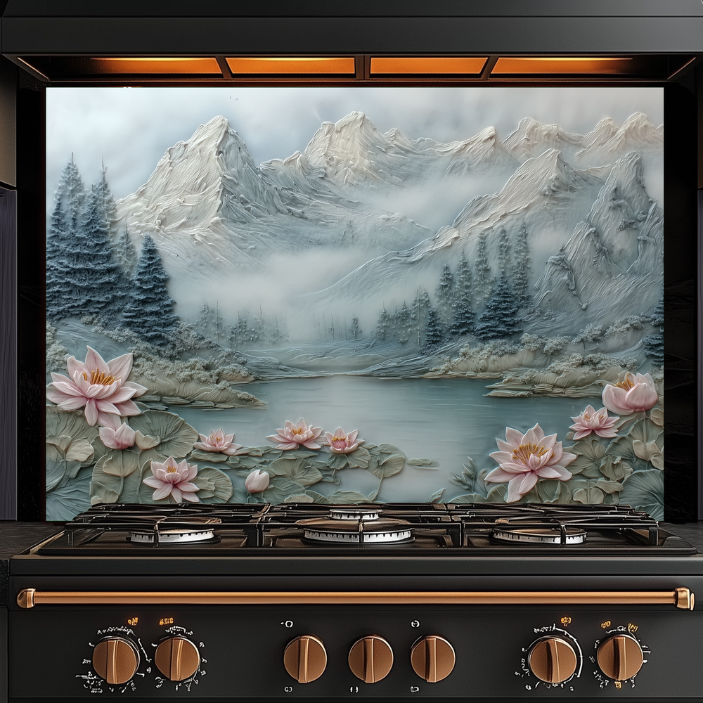 Made in USA, Floral Landscape Tempered Glass Backsplash Behind Stove & Wall Art – Rustic Pine Tree Splashback