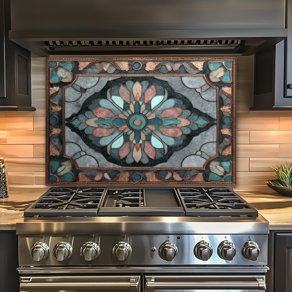 Ottoman Pattern on Marble Print Background Glass Backsplash for Kitchen Stove, Custom Wall Art, Heat-Resistant Kitchen Decor