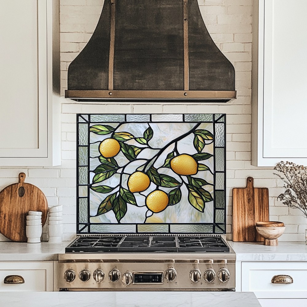 Stained Glass Look Kitchen Backsplash, Lemon Tile One Piece Tempered Glass Kitchen Splashback For Stove Behind, Oven Backsplash (Kopya)