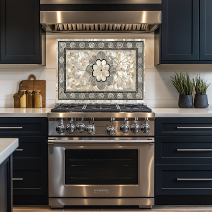 Ottoman Pattern on Marble Print Background Glass Backsplash for Kitchen Stove, Custom Wall Art, Heat-Resistant Kitchen Decor