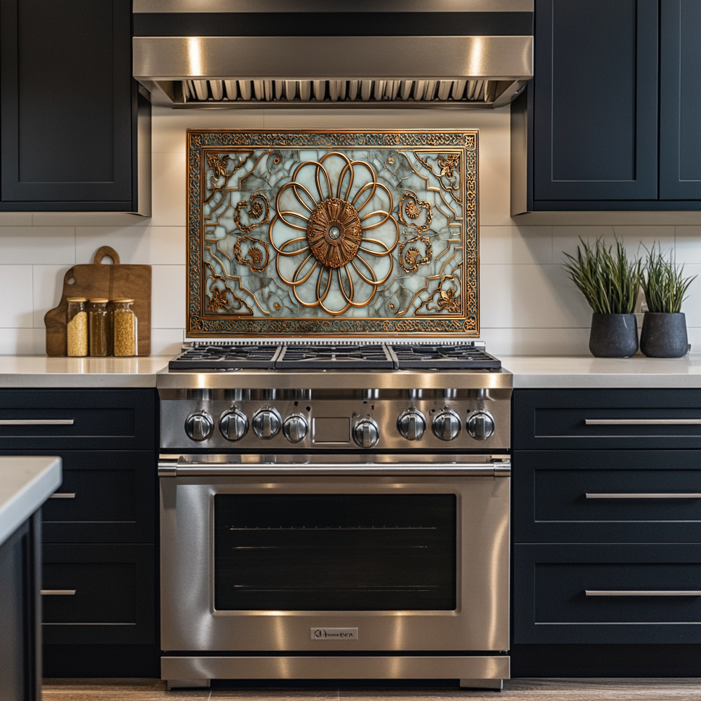 Copper Look Ottoman Tile Pattern Printed Tempered Glass Kitchen Backsplash Decorative Wall Panel for Stove Behind and Interior Decor