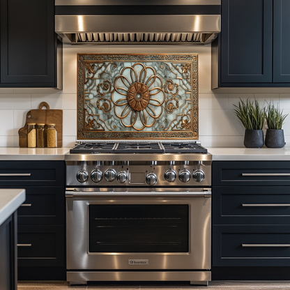 Copper Look Ottoman Tile Pattern Printed Tempered Glass Kitchen Backsplash Decorative Wall Panel for Stove Behind and Interior Decor