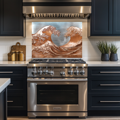 Copper Look Ocean Wave Glass Backsplash • Coastal Wall Art Panel • Artistic Blue Water Kitchen Decor • Textured Inspired Ocean Tile