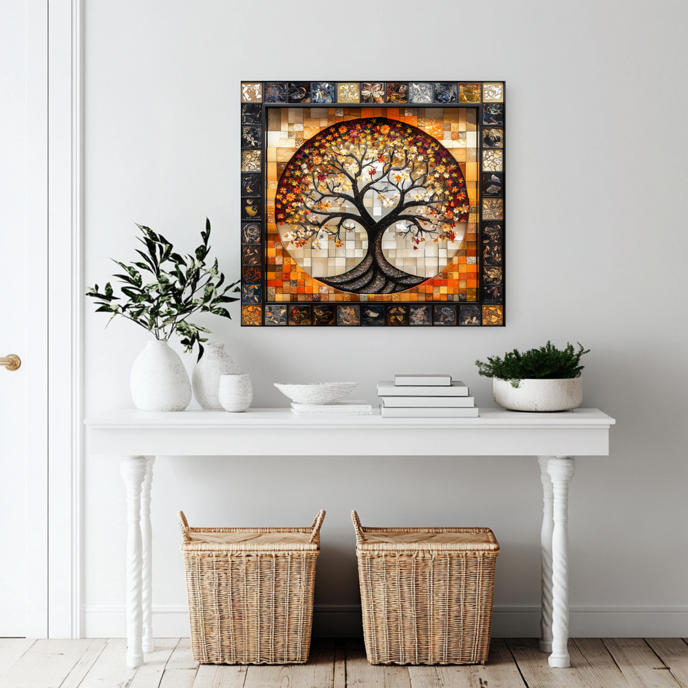 Stunning Life of Tree Mosaic Look One Piece Tempered Glass Kitchen Backsplash for Stove Behind, Kitchen Splashback, Glass Wall Art