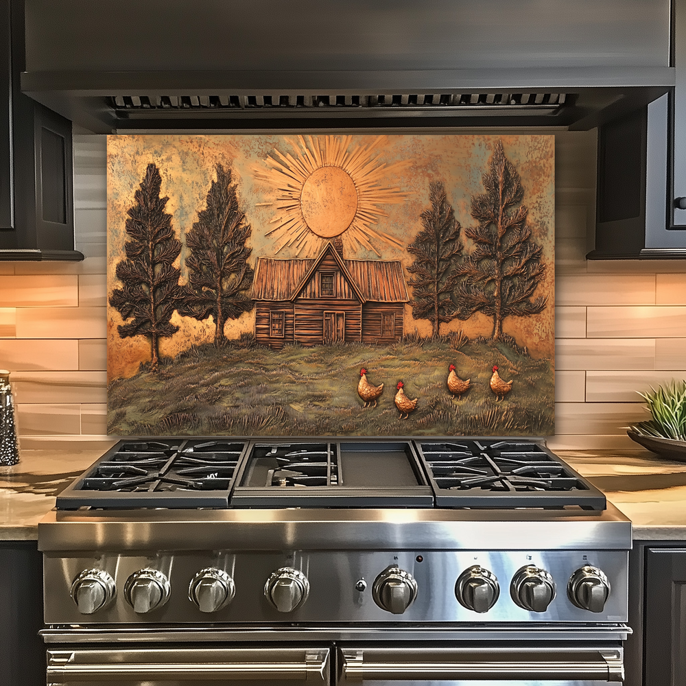 Copper Look Nature and Roosters Landscape Glass Backsplash • Rustic Wall Art Panel • Peaceful Home Decor • Decorative Tile for Stove Behind