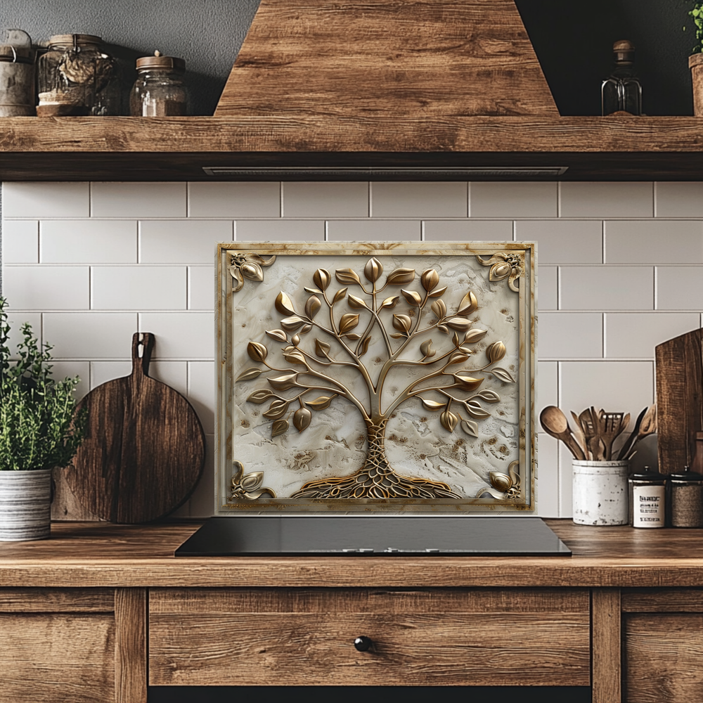 Stone Background Look Golden Tree of Life One Piece Tempered Glass Kitchen Splashback For Stove Behind, Kitchen Backsplash, Kitchen Backsplash, Wall Art
