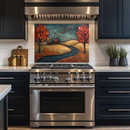 Romantic House Landscape with Hearts Printed Tempered Glass Kitchen Backsplash Splashback or Wall Art Panel for Cozy Home Decor