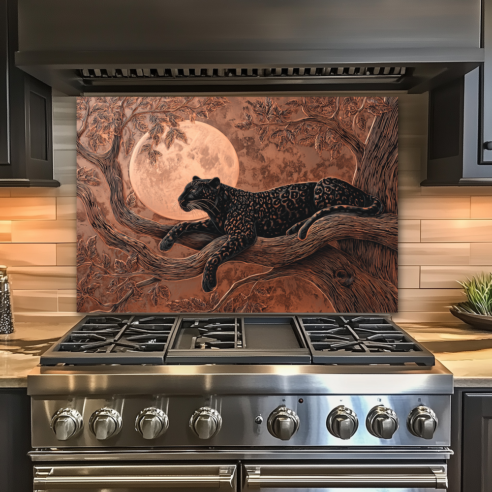 Copper Leopard Nature Glass Backsplash Panel, Tempered Glass Wall Art, Wild Jungle Rustic Kitchen Decor, Animal Print Stove Protector