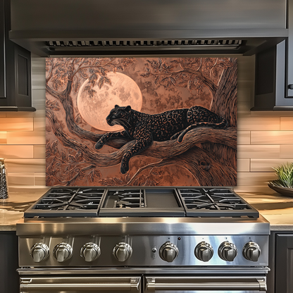 Copper Leopard Nature Glass Backsplash Panel, Tempered Glass Wall Art, Wild Jungle Rustic Kitchen Decor, Animal Print Stove Protector