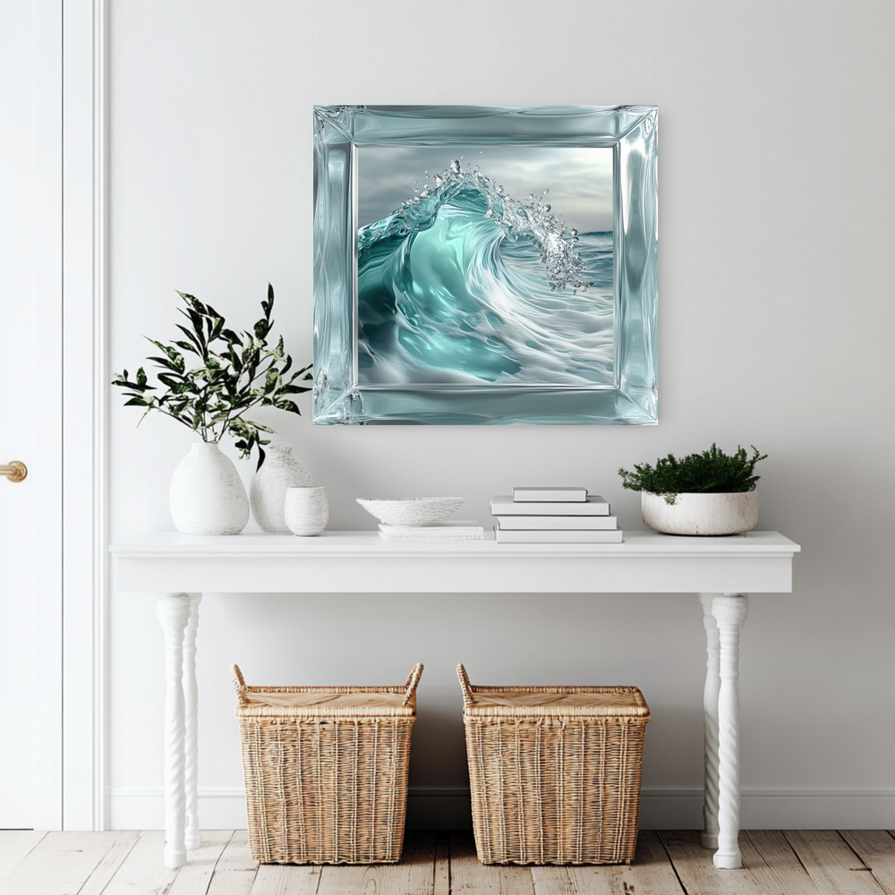 Ocean Wave Framed Look One Piece Tempered Glass Kitchen Backsplash for Stove Behind, Kitchen Splashback, Glass Wall Art