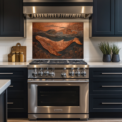 Copper Embossed Look Whale Under Northern Lights Printed Glass Backsplash | Ocean Art Tempered Glass Kitchen Wall Panel,Modern Coastal Decor
