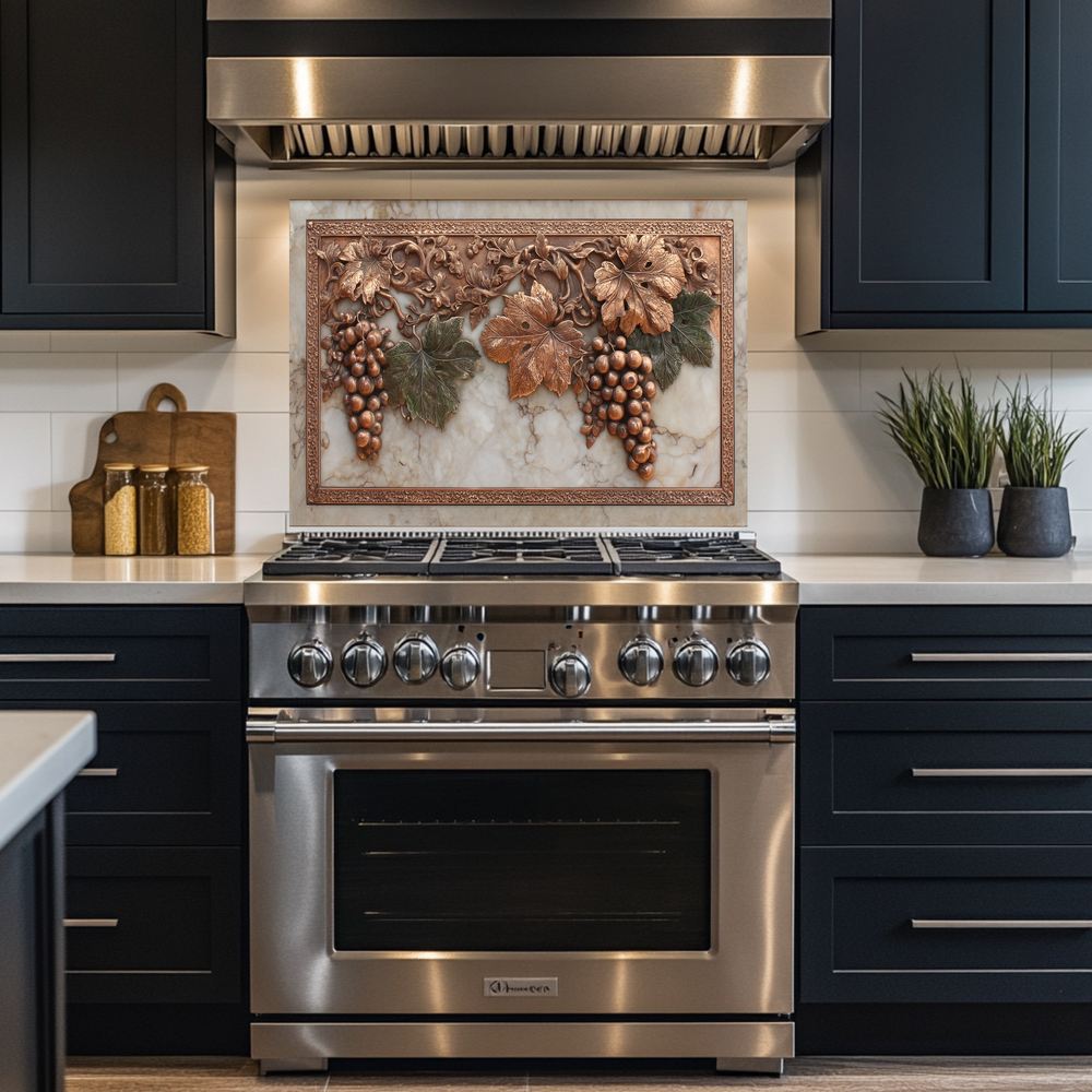 Copper Grape and Vine on Marble Design Printed Tempered Glass Kitchen Backsplash Splashback Decorative Wall Panel for Modern Home Decor