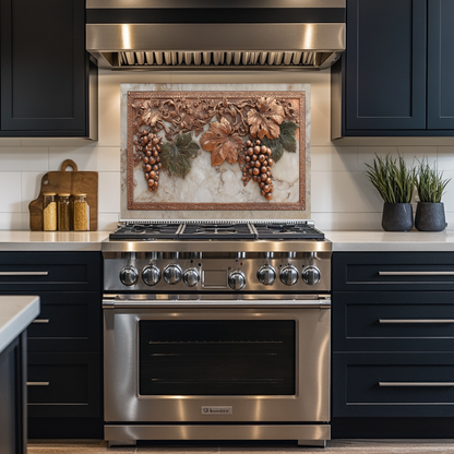 Copper Grape and Vine on Marble Design Printed Tempered Glass Kitchen Backsplash Splashback Decorative Wall Panel for Modern Home Decor