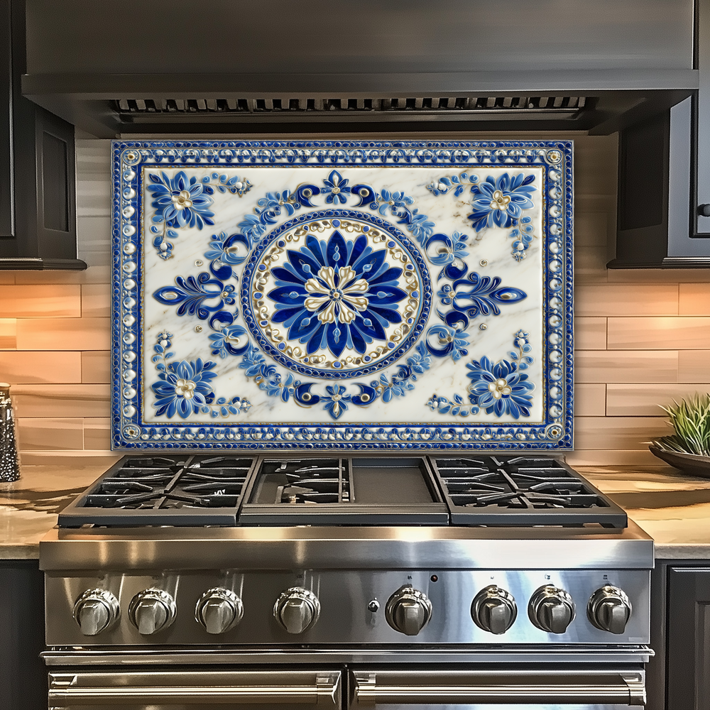 Turkish Tile Pattern Glass Backsplash Panel, Tempered Glass Wall Art, Traditional Anatolian Design, Elegant Kitchen Decor, Stove Protector