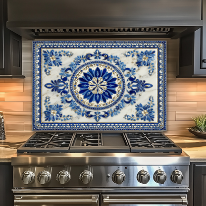 Turkish Tile Pattern Glass Backsplash Panel, Tempered Glass Wall Art, Traditional Anatolian Design, Elegant Kitchen Decor, Stove Protector