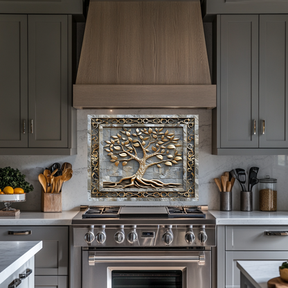 Carved Look Tree of Life Print One Piece Tempered Glass Kitchen Splashback For Stove Behind, Kitchen Backsplash, Wall Art