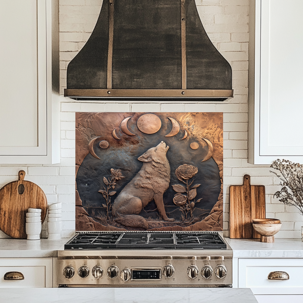 Copper Embossed Look Wolf Glass Backsplash • Wild Nature Kitchen Panel • Artistic Textured Style • Animal Decorative Panel