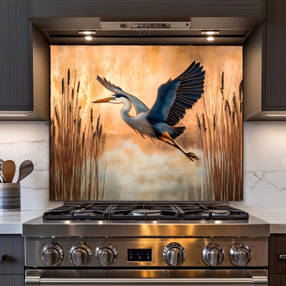 Copper Blue Heron Glass Backsplash Panel, Nature Inspired Kitchen Wall Art, Bird Theme Decorative Glass Tile, Rustic Coastal Home Decor