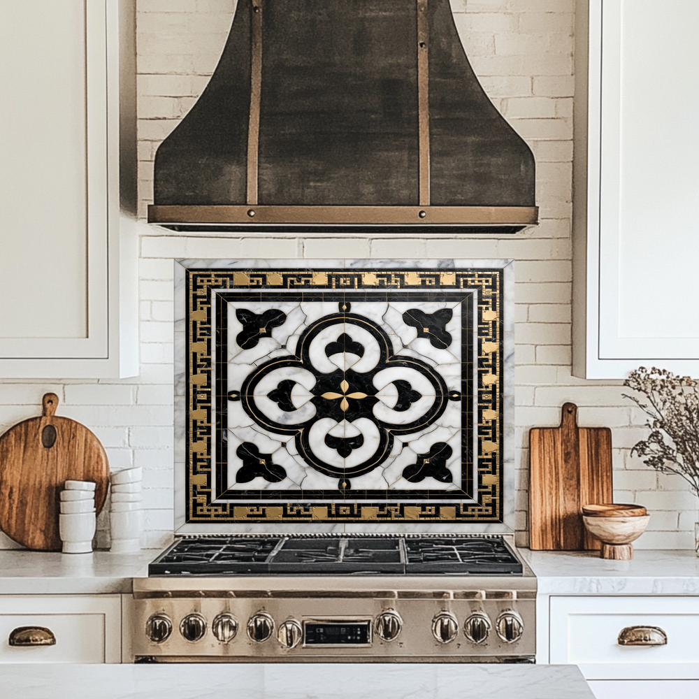 Ottoman Pattern on Marble Print Background Glass Backsplash for Kitchen Stove, Custom Wall Art, Heat-Resistant Kitchen Decor