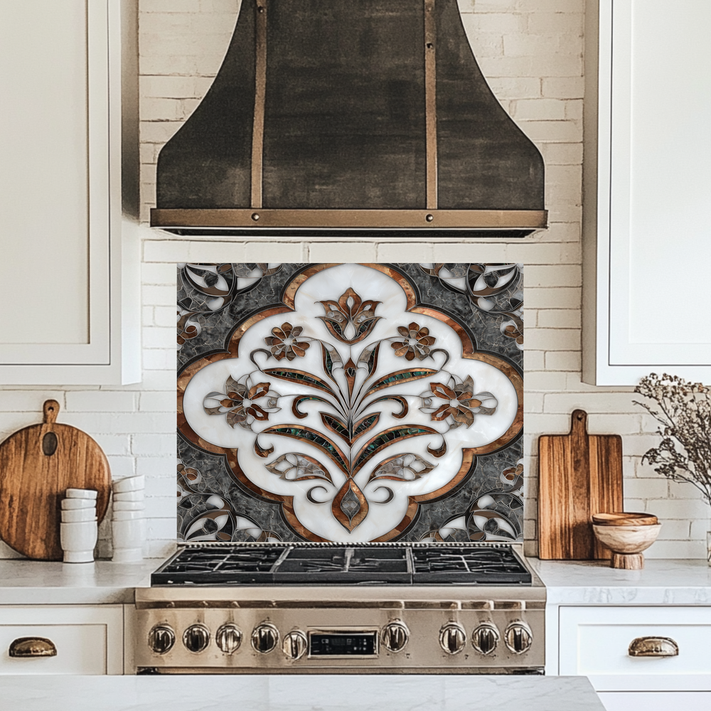 Ottoman Pattern on Marble Print Background Glass Backsplash for Kitchen Stove, Custom Wall Art, Heat-Resistant Kitchen Decor