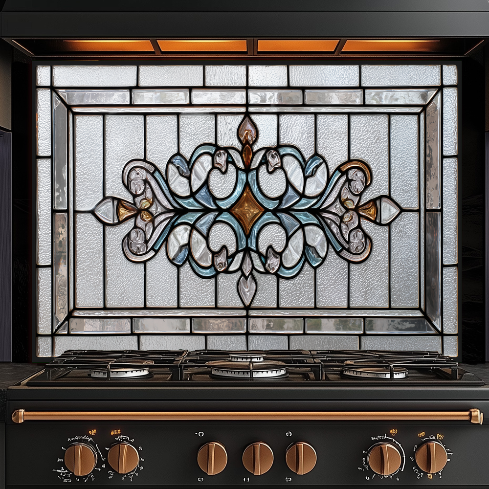 Classic Stained Look Glass Style Backsplash Panel, Tempered Glass Wall Art, Timeless Color Design, Elegant Kitchen Decor, Stove Protector