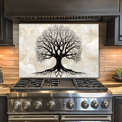 Marble Tree of Life Design Printed Tempered Glass Kitchen Backsplash Splashback Decorative Wall Art Panel for Modern Home Interiors