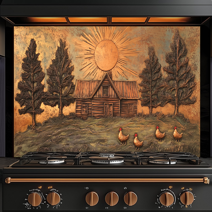 Copper Look Nature and Roosters Landscape Glass Backsplash • Rustic Wall Art Panel • Peaceful Home Decor • Decorative Tile for Stove Behind