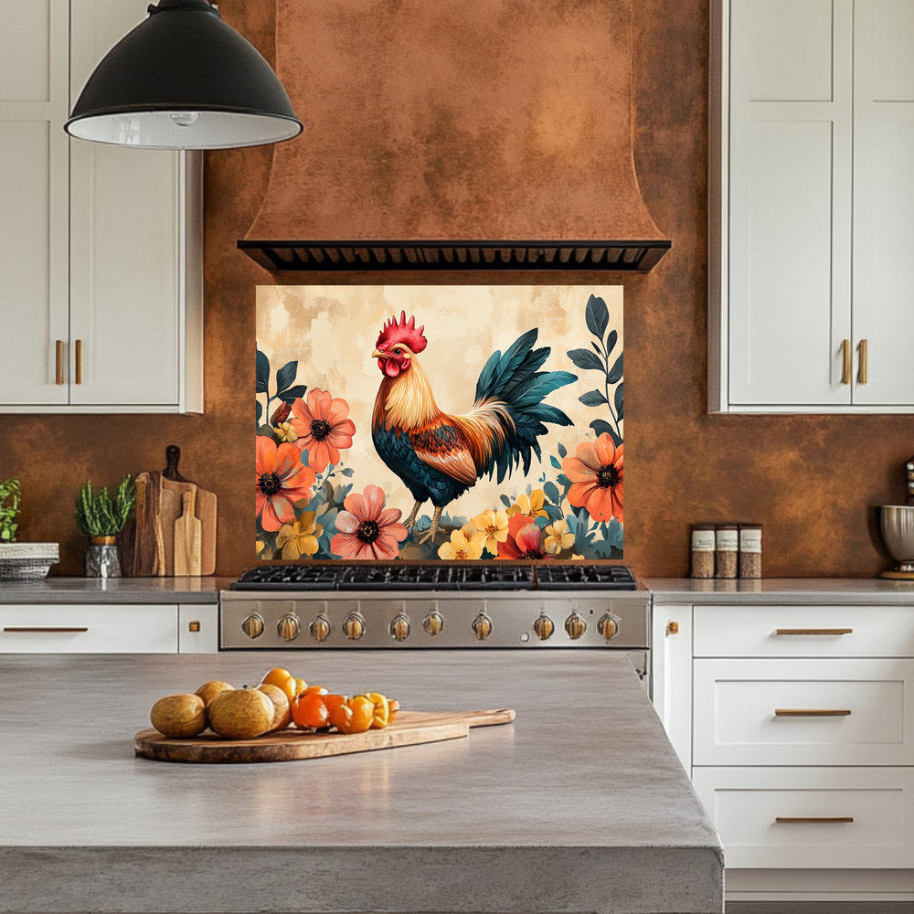 Rustic Colorful Rooster Glass Backsplash • Farmhouse Kitchen Panel • Vibrant Wall Art • Modern Home Decor • Decorative Kitchen Accent