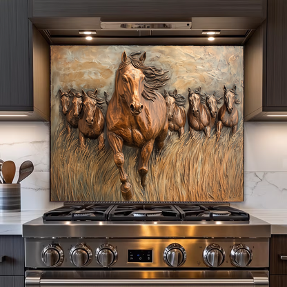 Glass Backsplash with Copper Horses, Tempered Wall Art Panel, Horse Kitchen Decor, Rustic Animal Tile