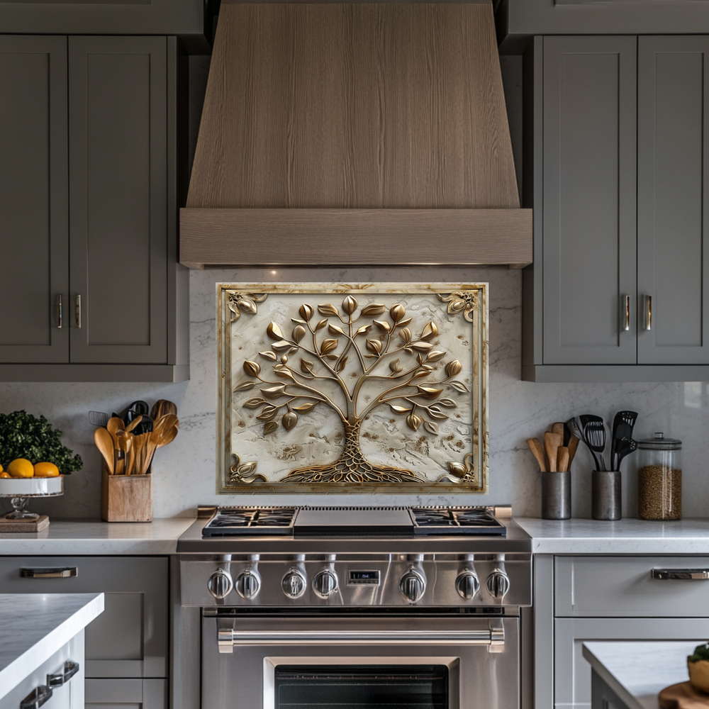 Stone Background Look Golden Tree of Life One Piece Tempered Glass Kitchen Splashback For Stove Behind, Kitchen Backsplash, Kitchen Backsplash, Wall Art