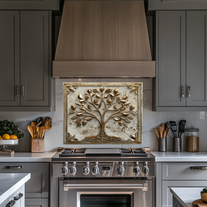 Stone Background Look Golden Tree of Life One Piece Tempered Glass Kitchen Splashback For Stove Behind, Kitchen Backsplash, Kitchen Backsplash, Wall Art