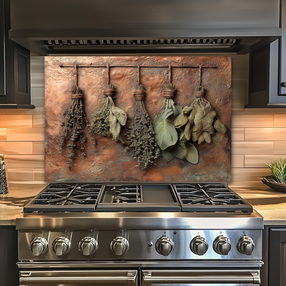 Dried Herbs and Spices Hanging Design Printed Tempered Glass Kitchen Backsplash Splashback Decorative Wall Panel, Modern Rustic Home Decor