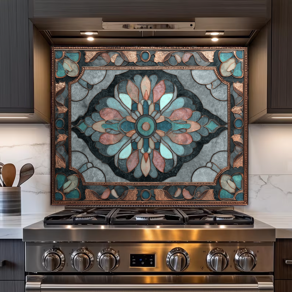 Ottoman Pattern on Marble Print Background Glass Backsplash for Kitchen Stove, Custom Wall Art, Heat-Resistant Kitchen Decor