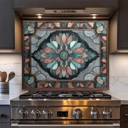 Ottoman Pattern on Marble Print Background Glass Backsplash for Kitchen Stove, Custom Wall Art, Heat-Resistant Kitchen Decor