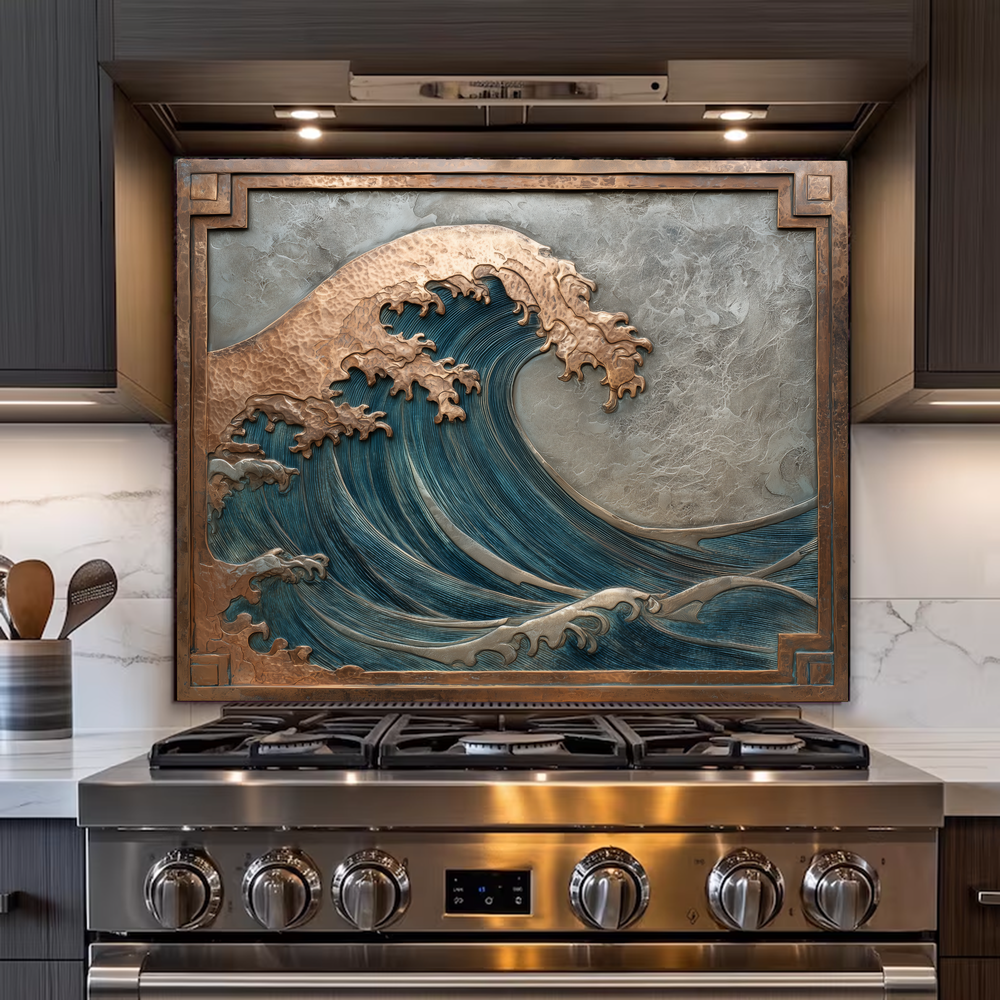 Copper Look Ocean Wave Glass Backsplash • Coastal Wall Art Panel • Artistic Blue Water Kitchen Decor • Textured Inspired Ocean Tile