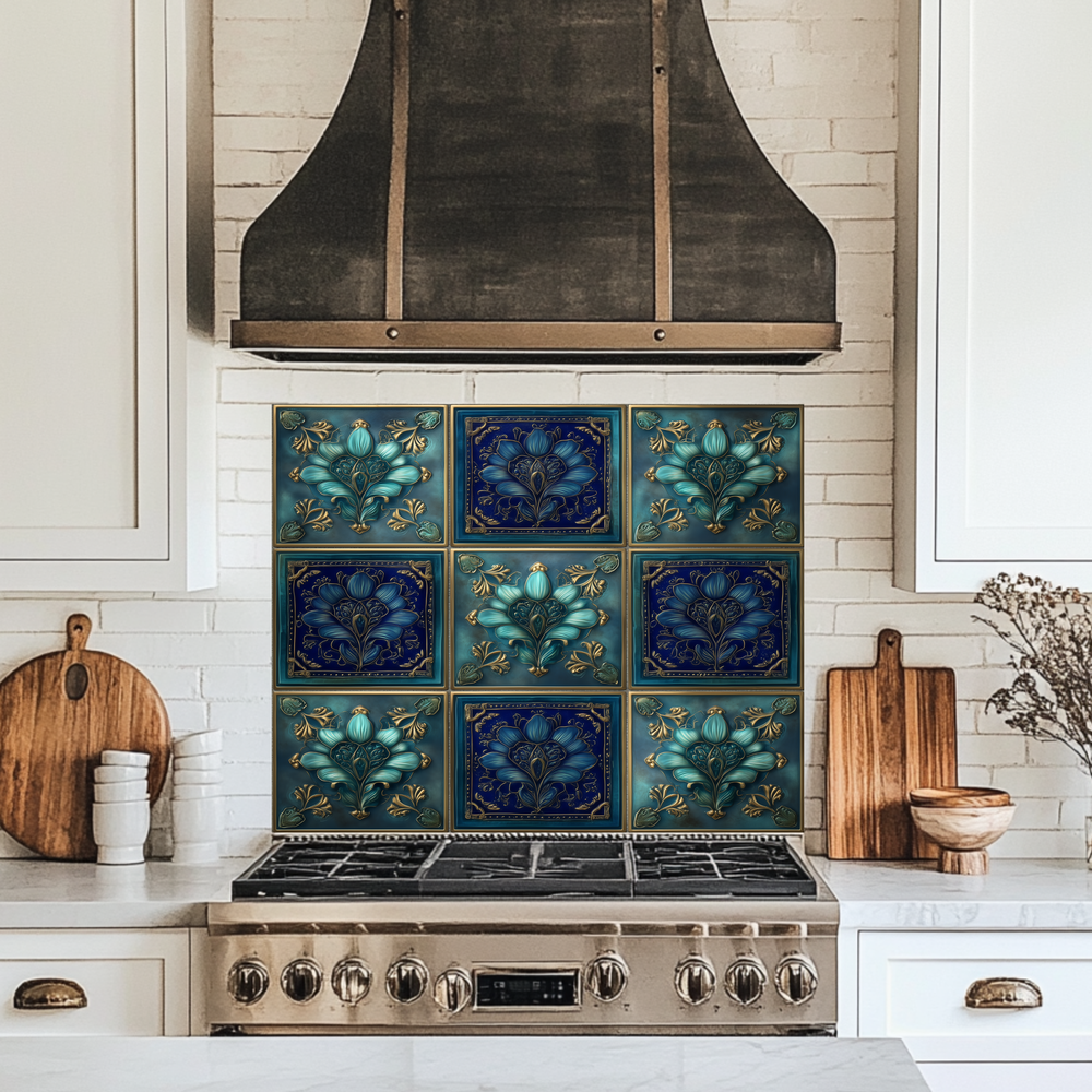 Glass Backsplash, Pattern Tile Look One Piece Tempered Glass Kitchen Splashback For Stove Behind, Blue Tile Backsplash, Kitchen Backsplash