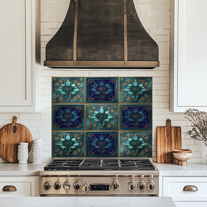 Glass Backsplash, Pattern Tile Look One Piece Tempered Glass Kitchen Splashback For Stove Behind, Blue Tile Backsplash, Kitchen Backsplash