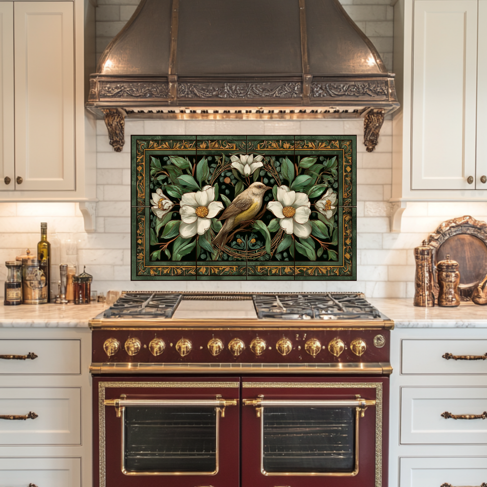 Bird and Floral Glass Backsplash Tile, Decorative Kitchen Wall Art, Custom Glass Panel, Made in USA