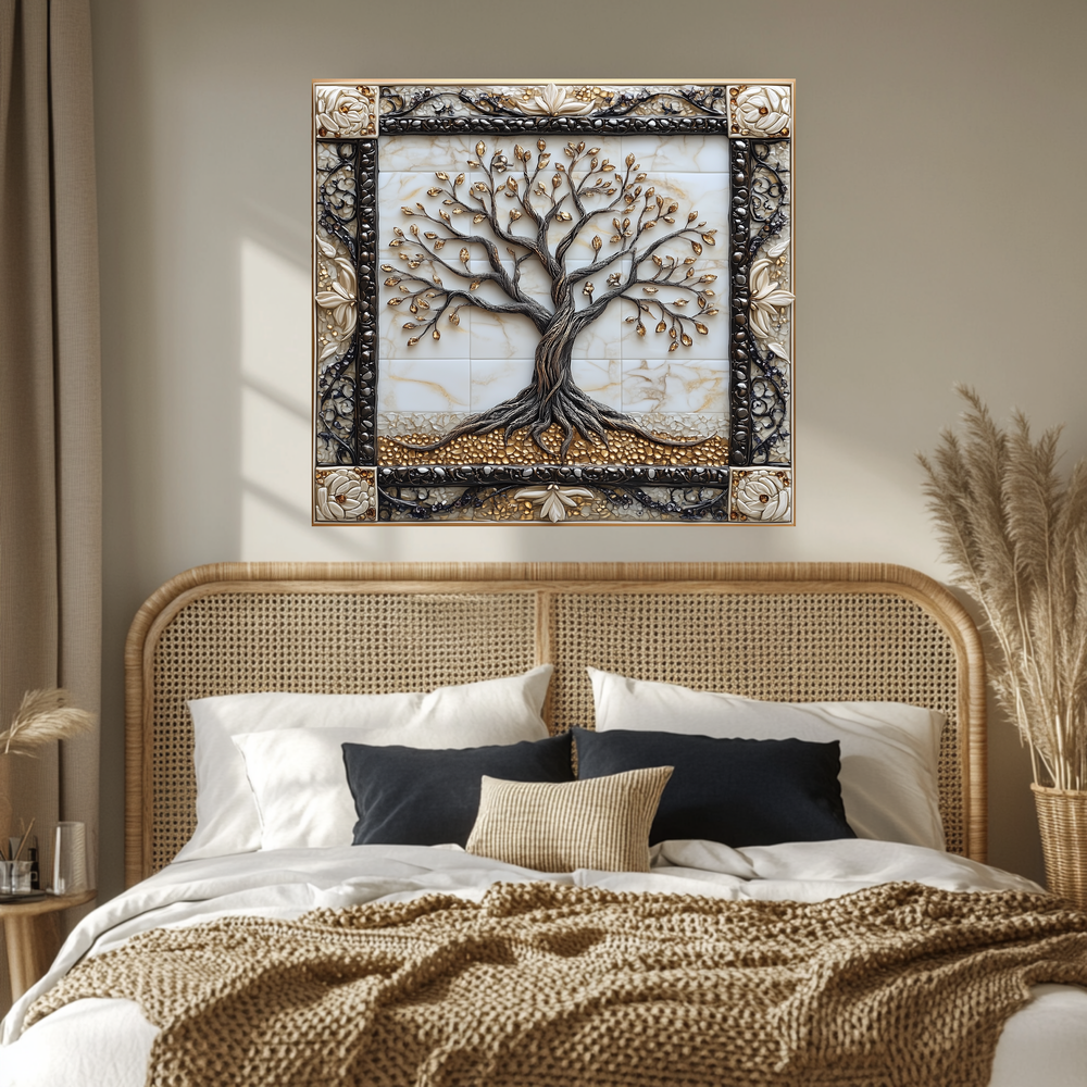 Attractive Life of Tree Framed Look One Piece Tempered Glass Kitchen Backsplash for Stove Behind, Kitchen Splashback, Glass Wall Art