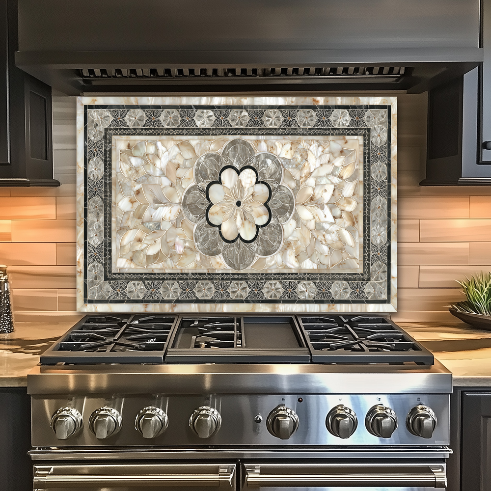 Ottoman Pattern on Marble Print Background Glass Backsplash for Kitchen Stove, Custom Wall Art, Heat-Resistant Kitchen Decor