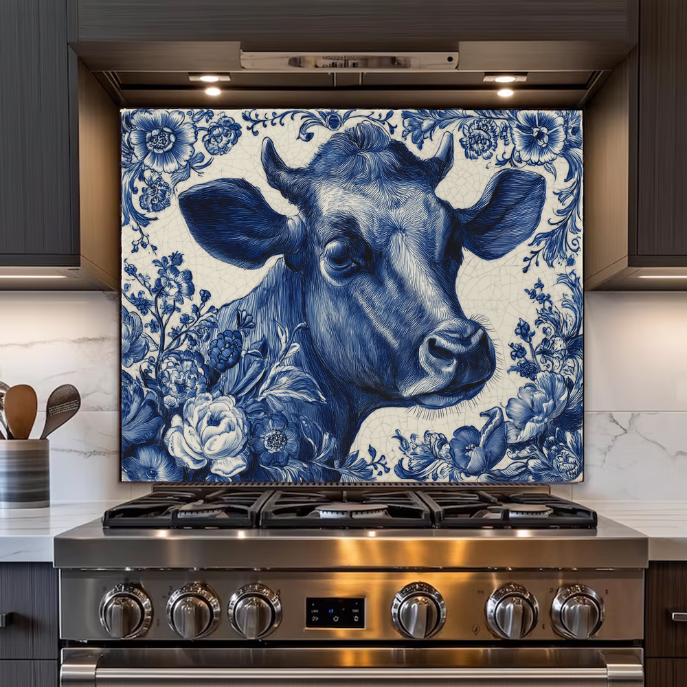 Delft Blue Cow Glass Backsplash Panel, Tempered Glass Wall Art, Dutch Farmhouse Kitchen Decor, Cow Pattern Tile, Rustic Animal Wall Panel