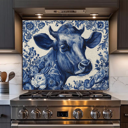 Delft Blue Cow Glass Backsplash Panel, Tempered Glass Wall Art, Dutch Farmhouse Kitchen Decor, Cow Pattern Tile, Rustic Animal Wall Panel