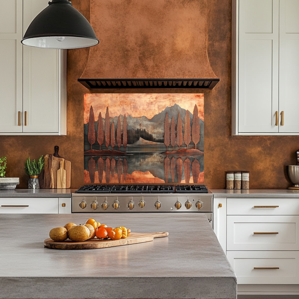 Copper Look Nature Landscape Glass Backsplash • Rustic Wall Art Panel • Mountain River Home Decor • Earthy Decorative Piece