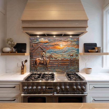 Copper Look Farm House One Piece Tempered Glass Kitchen Splashback For Stove Behind, Kitchen Backsplash, Wall Art