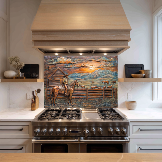 Copper Look Farm House One Piece Tempered Glass Kitchen Splashback For Stove Behind, Kitchen Backsplash, Wall Art