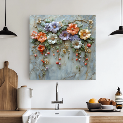 Embossed Flowers One Piece Tempered Glass Kitchen Splashback For Stove Behind, Kitchen Backsplash, Wall Art