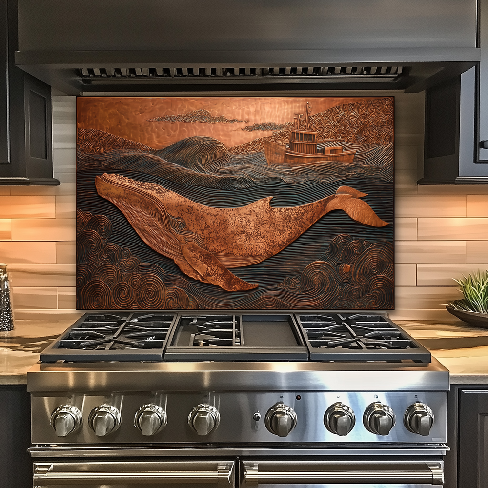 Copper Embossed Look Whale Under Northern Lights Printed Glass Backsplash | Ocean Art Tempered Glass Kitchen Wall Panel,Modern Coastal Decor
